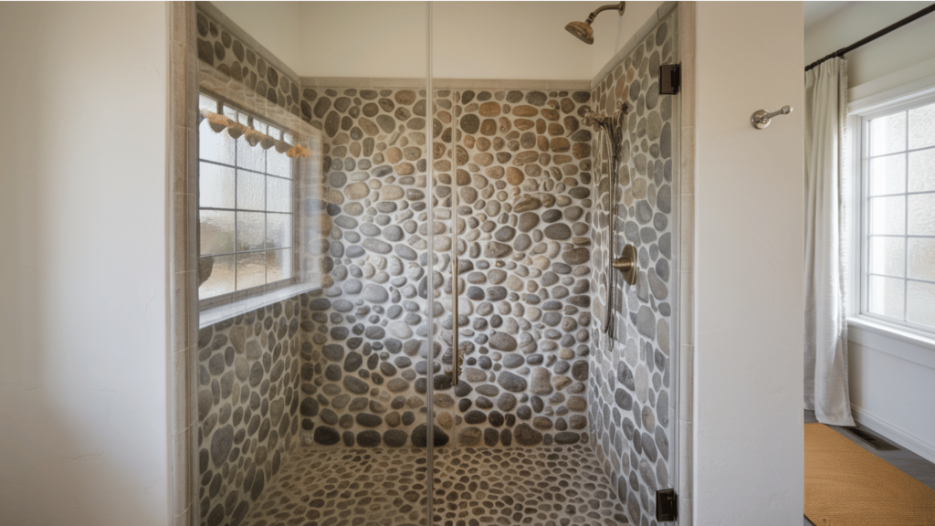 a walk-in shower with a pebble stone floor, glass partition, and a rainfall showerhead.