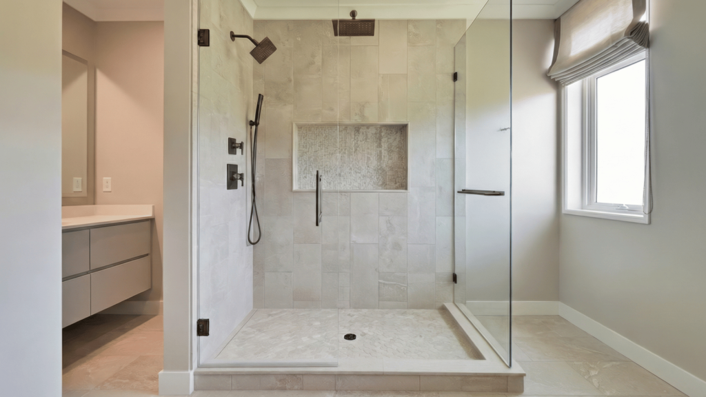 a walk-in shower with beige porcelain tiles, a rainfall showerhead, and a built-in niche, surrounded by a glass partition.