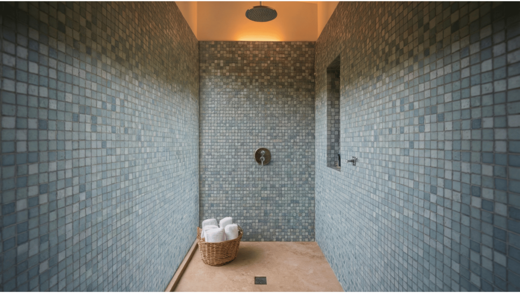 a walk-in shower with blue mosaic tiles, a rainfall showerhead, and a small built-in niche.