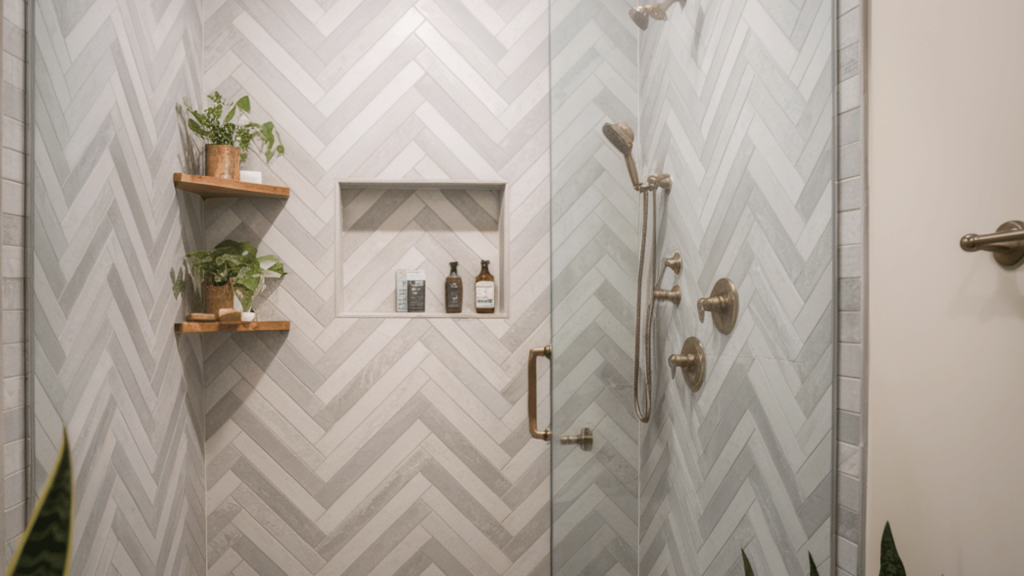 a walk-in shower with chevron-patterned tiles, a glass partition, and a contemporary showerhead.
