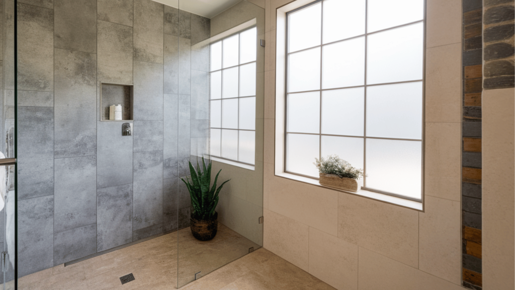 a walk-in shower with concrete-look tiles, glass partition, and a sleek showerhead setup.