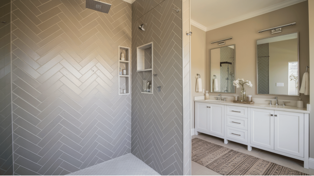 a walk-in shower with herringbone-patterned tiles, a rainfall showerhead, and a double vanity with modern mirrors