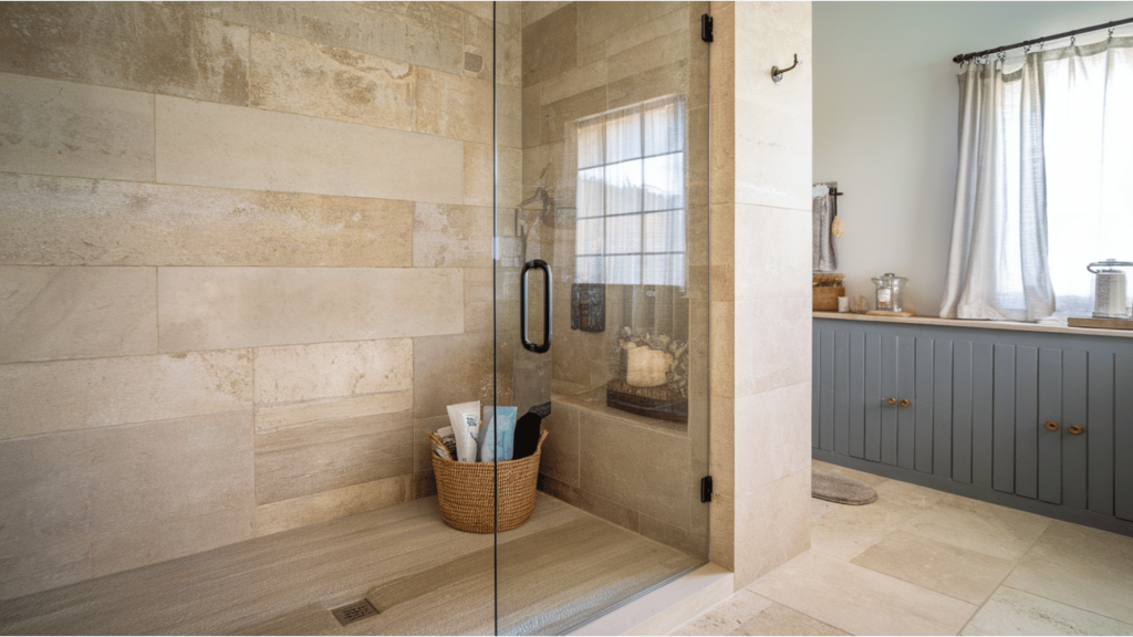 a walk-in shower with large-format tiles in beige tones, a glass partition, and modern fixtures