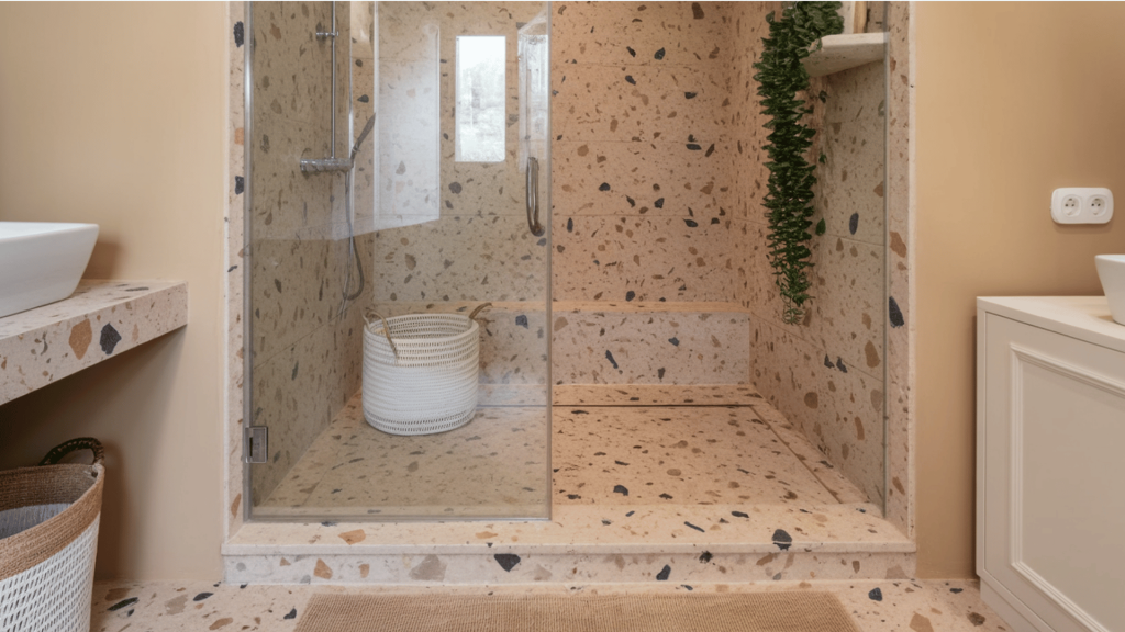 a walk-in shower with terrazzo tiles, glass partition, and modern shower fixtures.