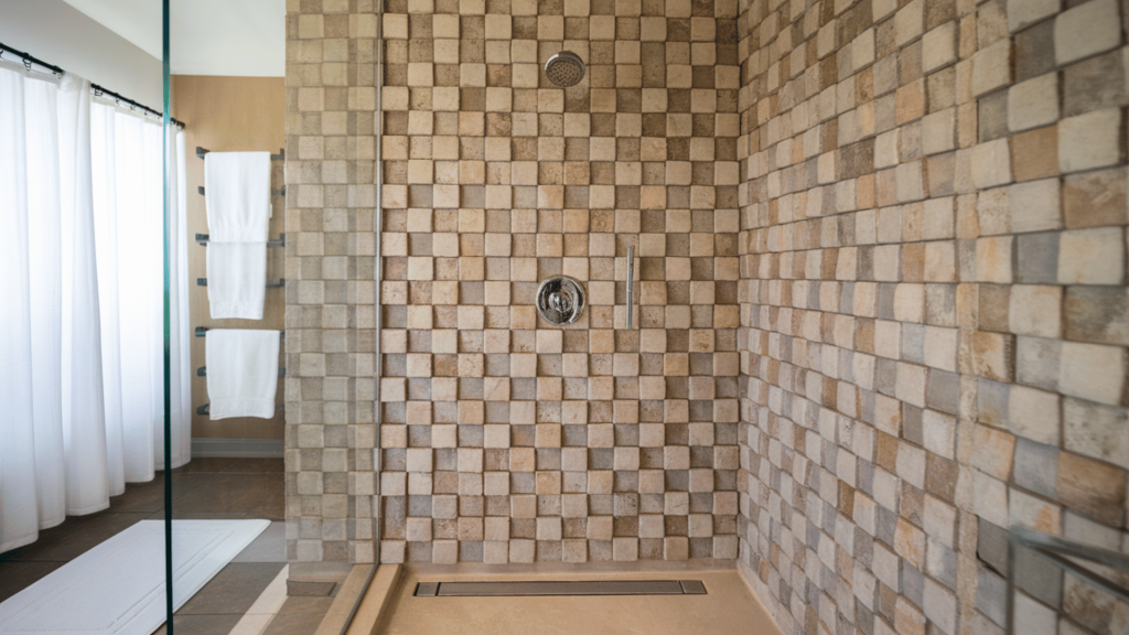 a walk-in shower with textured beige tiles, a rainfall showerhead, and a glass partition.