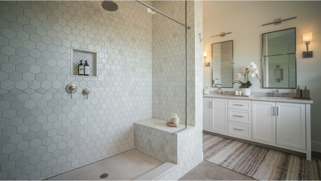 a walk-in shower with white hexagonal tiles, a bench, and minimalistic glass partition.