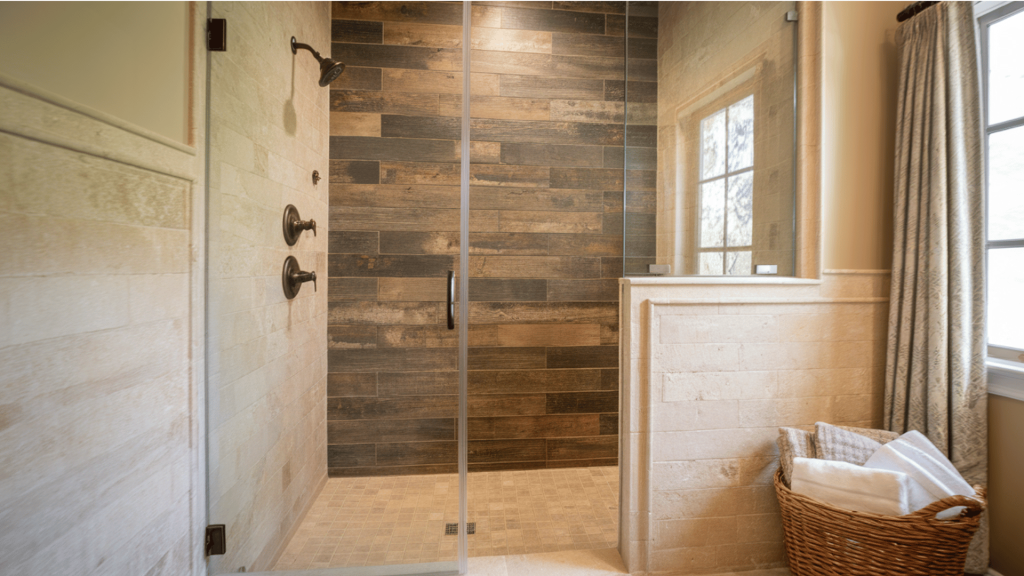 a walk-in shower with wood-look tiles, a glass partition, and modern fixtures.