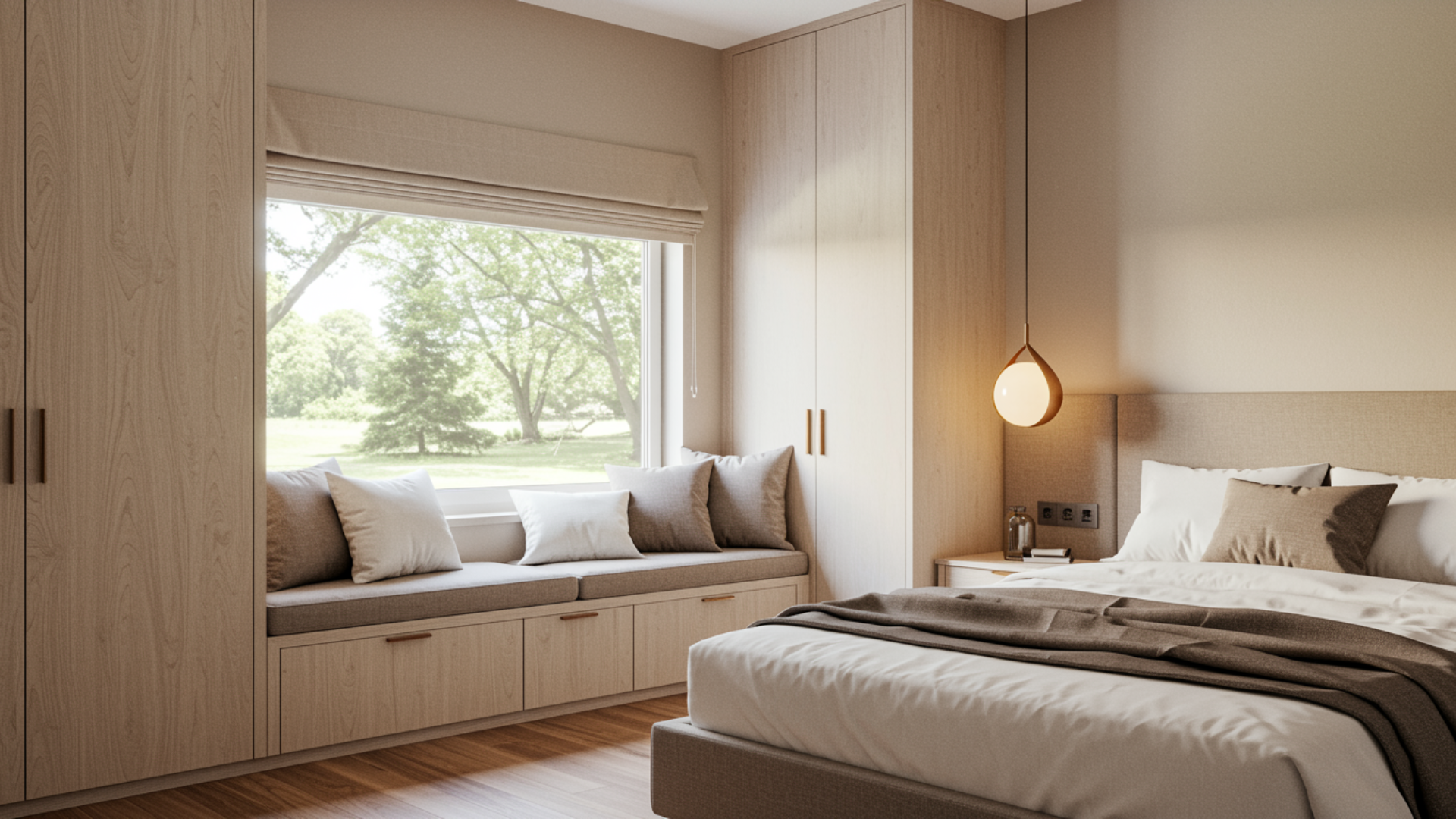 a window banquette featuring a cushioned built-in seat beneath a wide window styled with throw pillows and natural light