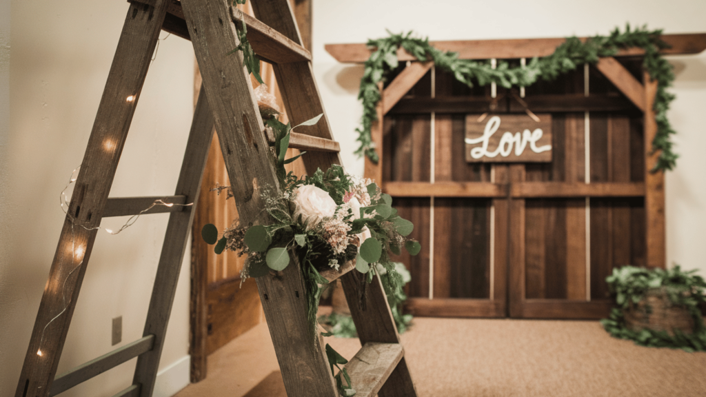 a wooden ladder decorated with flowers and fairy lights, creating a rustic wedding vibe.