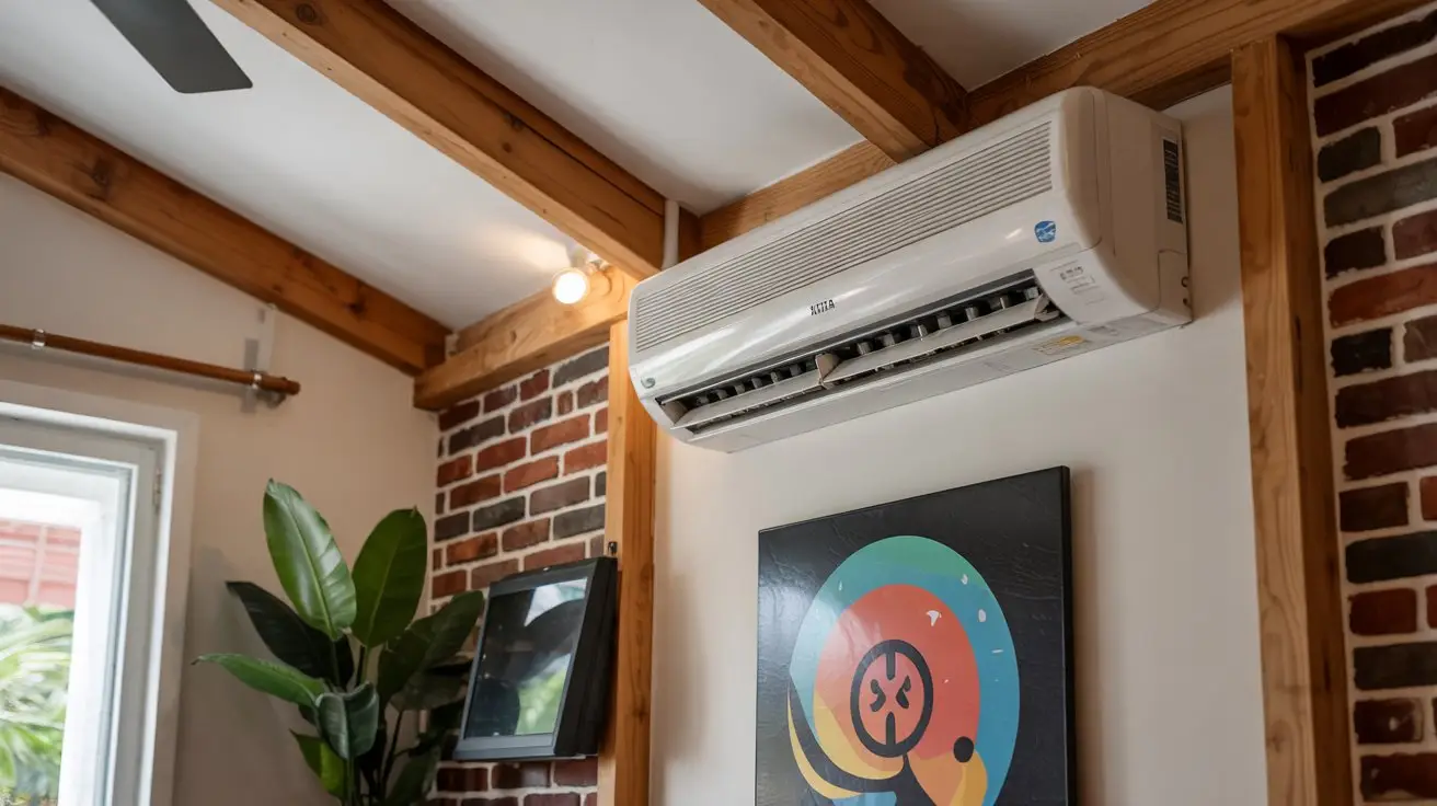 Air conditioner mounted on wall with wooden beams and brick accents in bright room