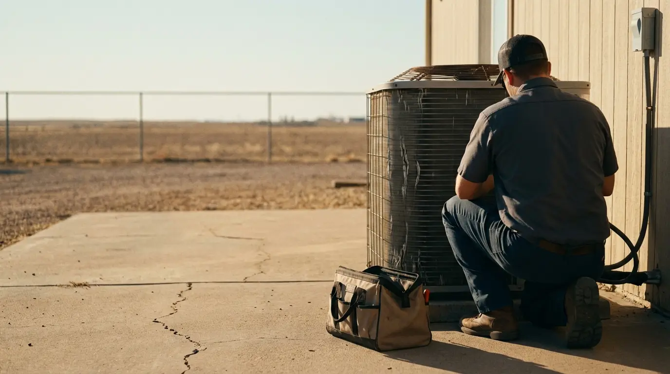 Technician inspecting outdoor air conditioning unit with tool bag on sunny day