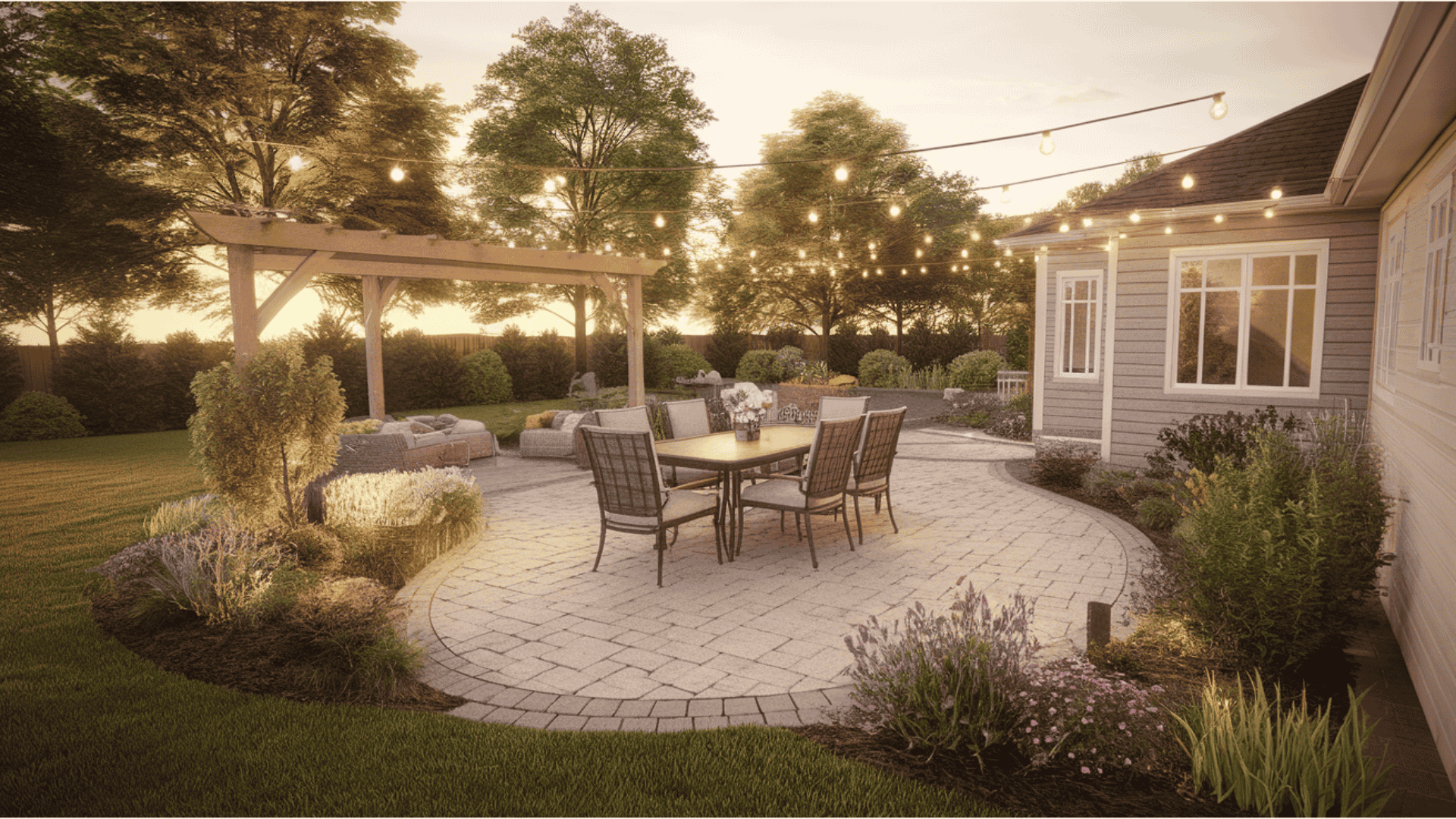 a+cozy+backyard+with+a+paver+patio+dining+set+under+string+lights,+surrounded+by+planting+beds+and+a+simple+pergola.
