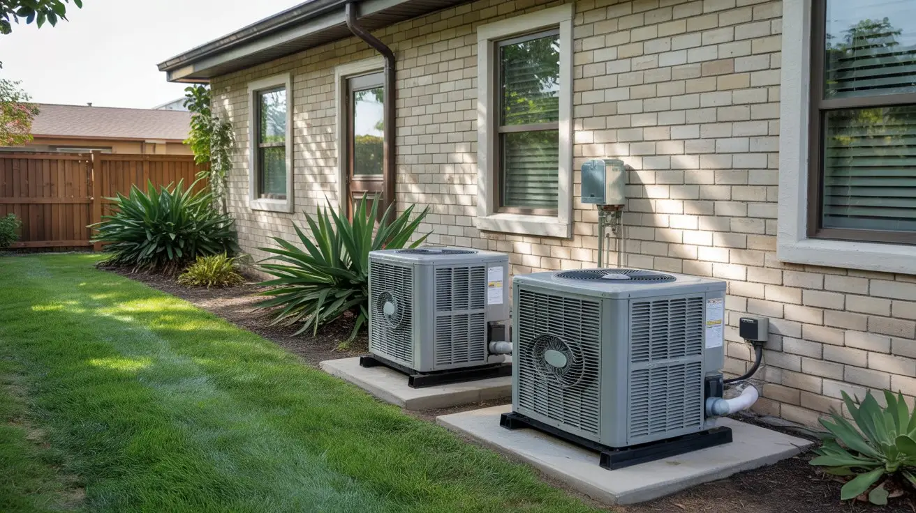 Two outdoor air conditioning units next to brick house in backyard with grass and plants