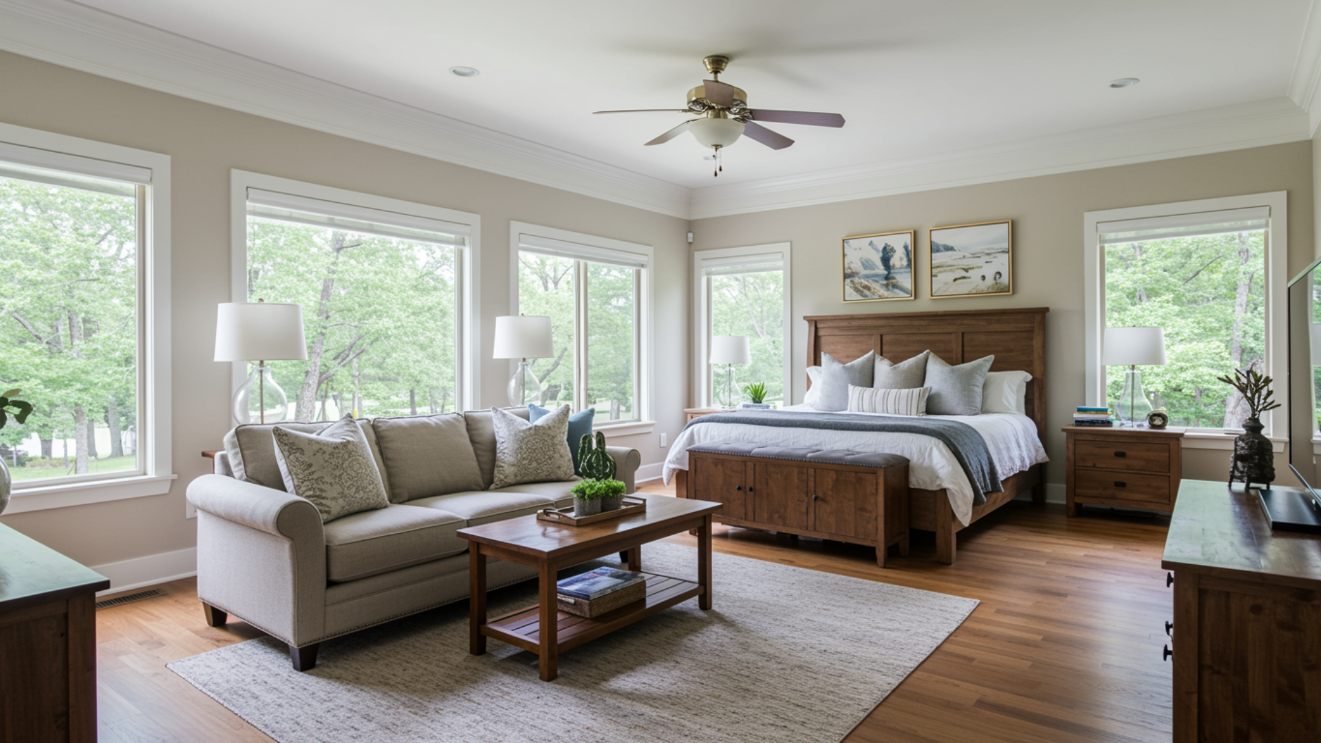 an end of room sofa setup idea for a master bedroom with a long rectangular layout and a sofa lounge at the opposite end