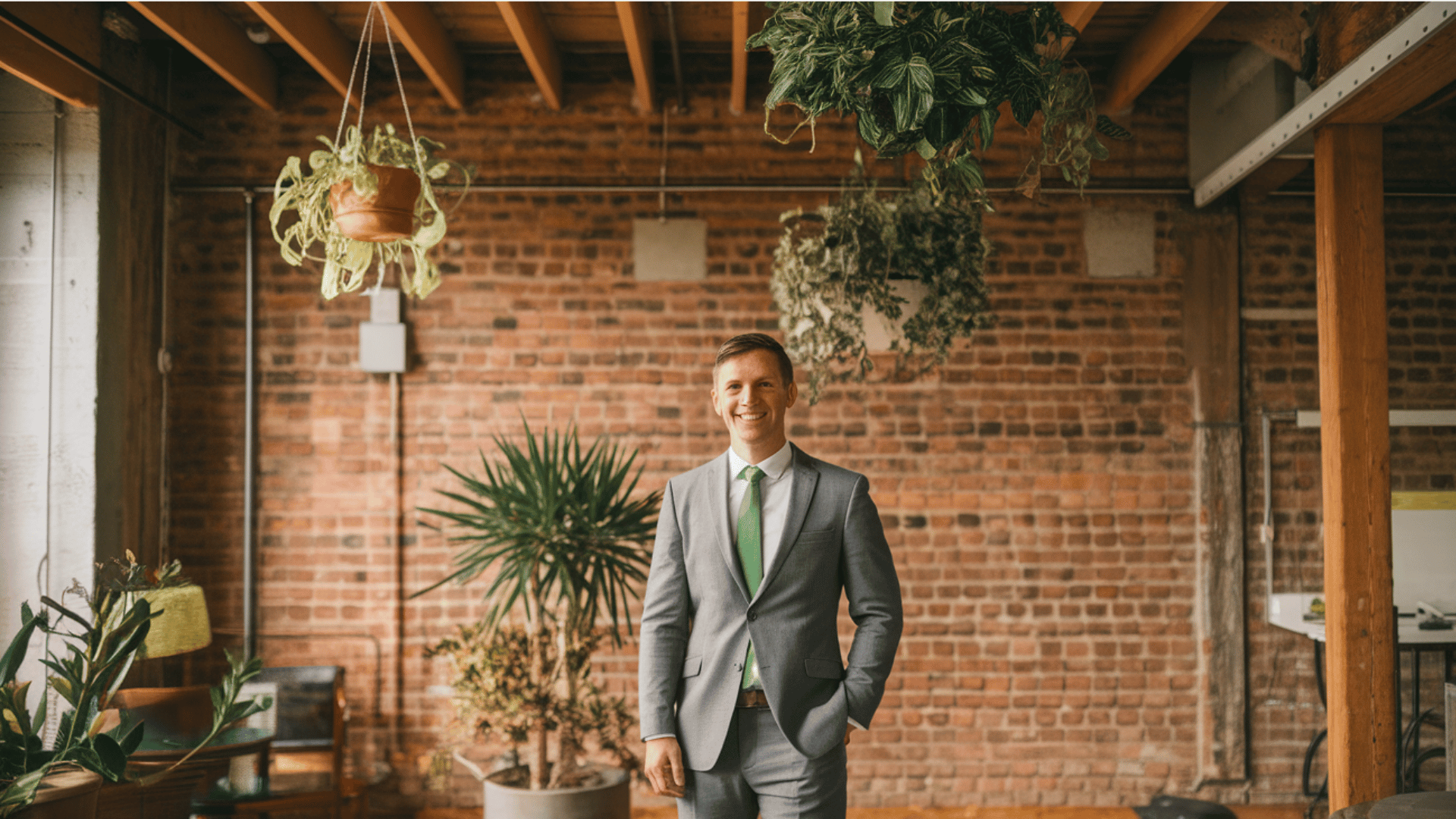 an environmental design consultant standing in a sustainable office with plants.