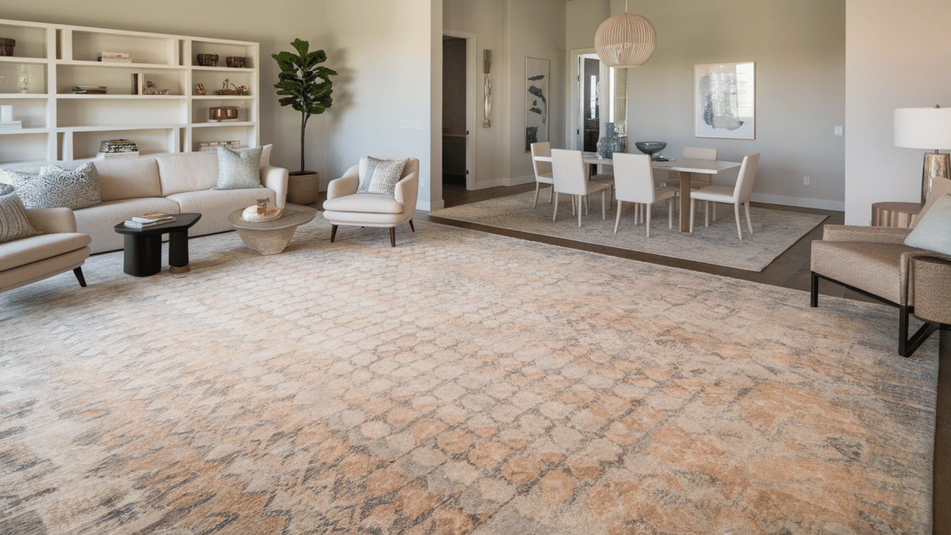 an expansive oversized rug covers the majority of a grand living room floor