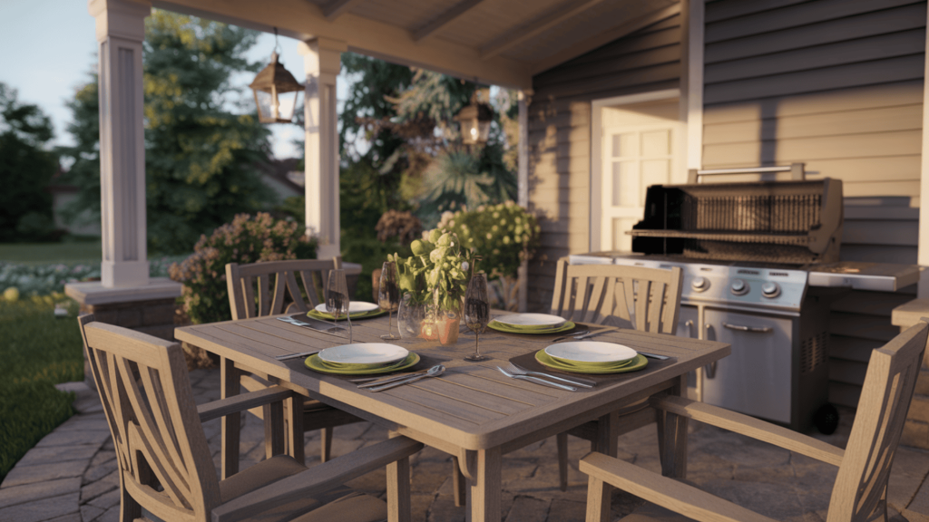 an outdoor dining setup with a table and chairs on a patio, with lighting and enough space to move around.