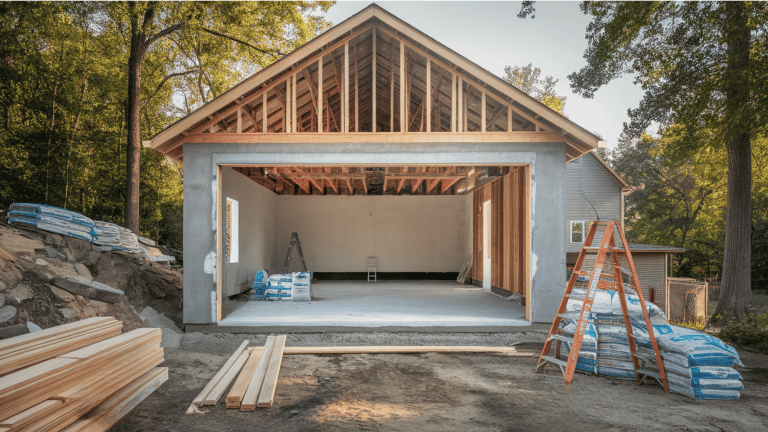 an outdoor garage with spacious storage space constructed with concrete slab and wooden beams