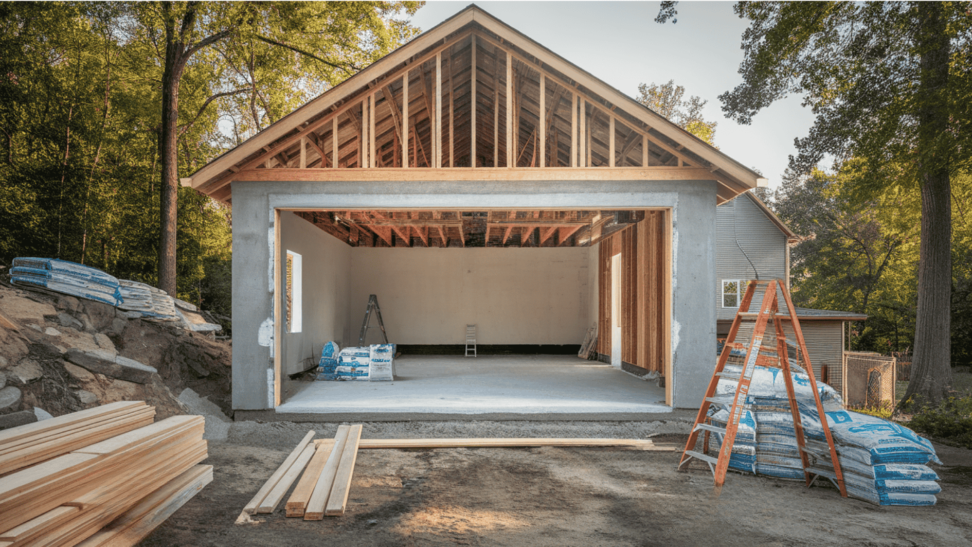an outdoor garage with spacious storage space constructed with concrete slab and wooden beams