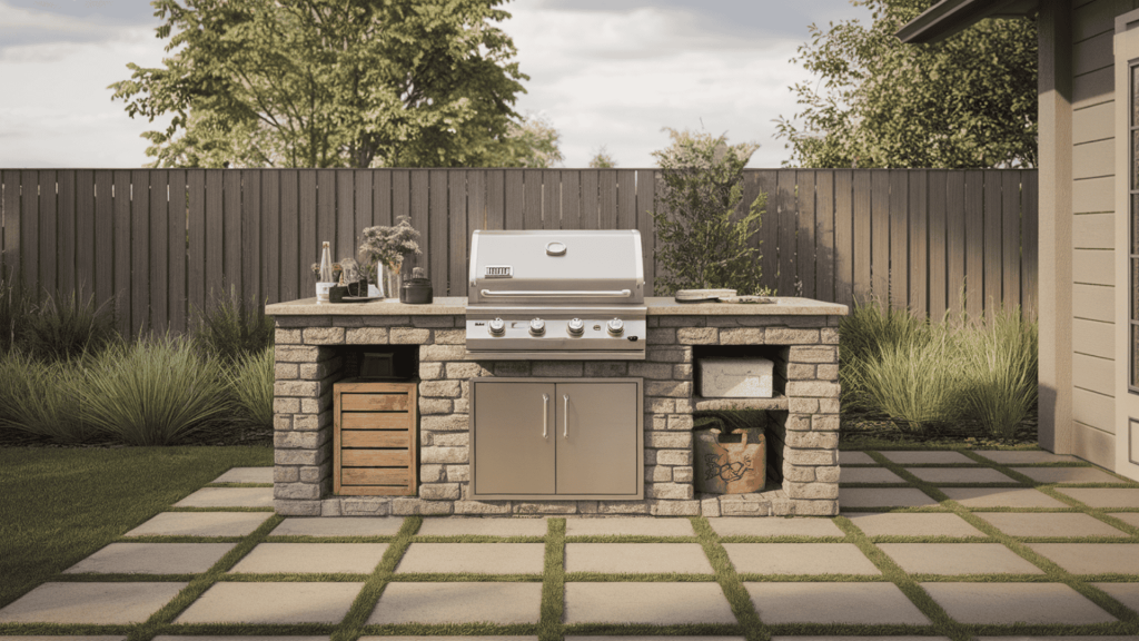 an outdoor grill station with counter space and storage, set near the house for easy cooking and hosting.