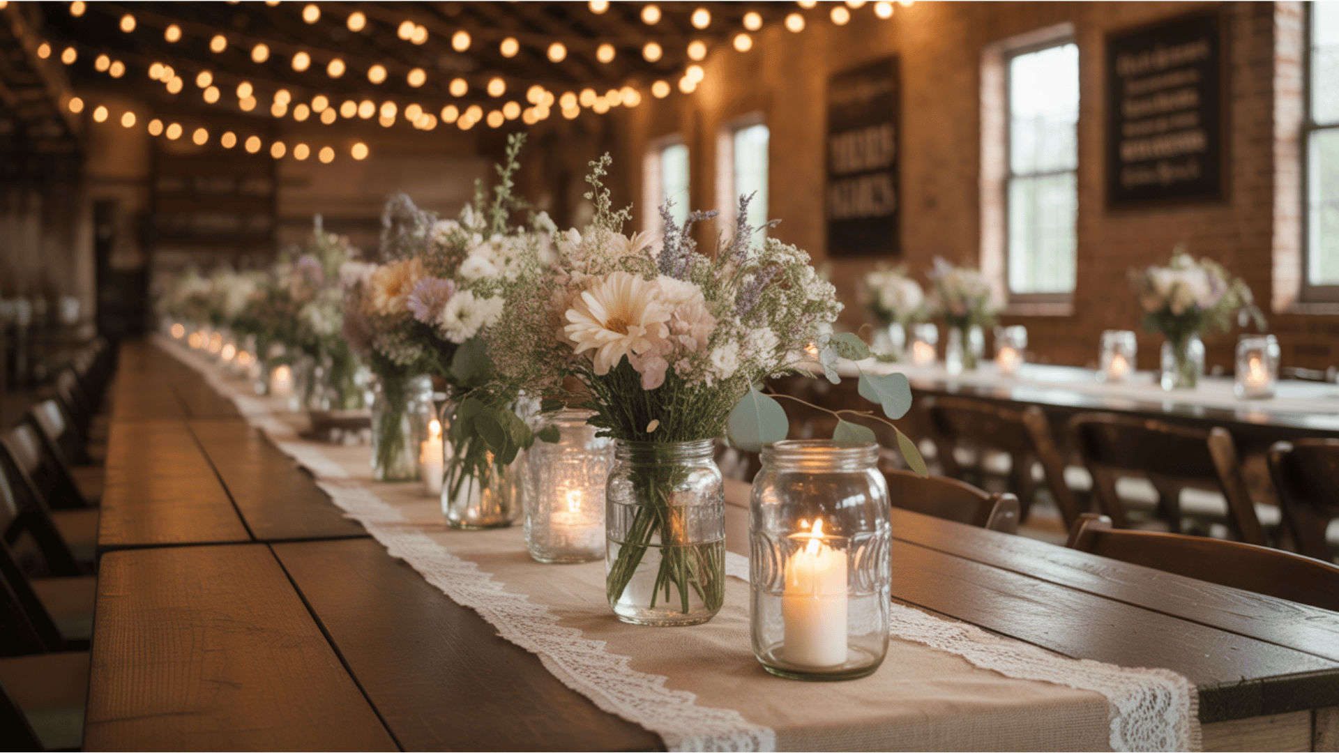 a+rustic+wedding+table+adorned+with+mason+jar+flowers,+candles,+and+warm+string+lights+for+a+cozy+ambiance.
