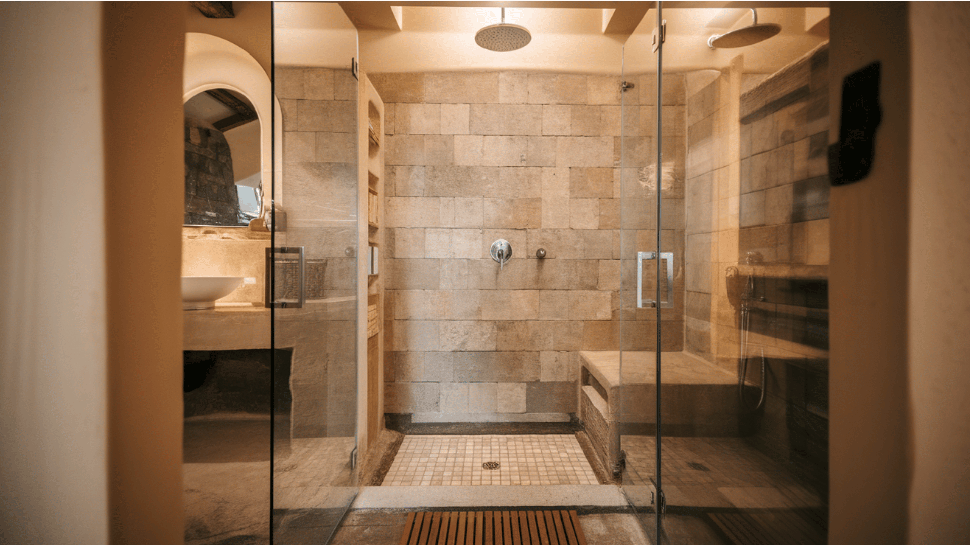 a+walk-in+shower+with+natural+stone+tiles,+a+rain+showerhead,+and+a+built-in+bench.