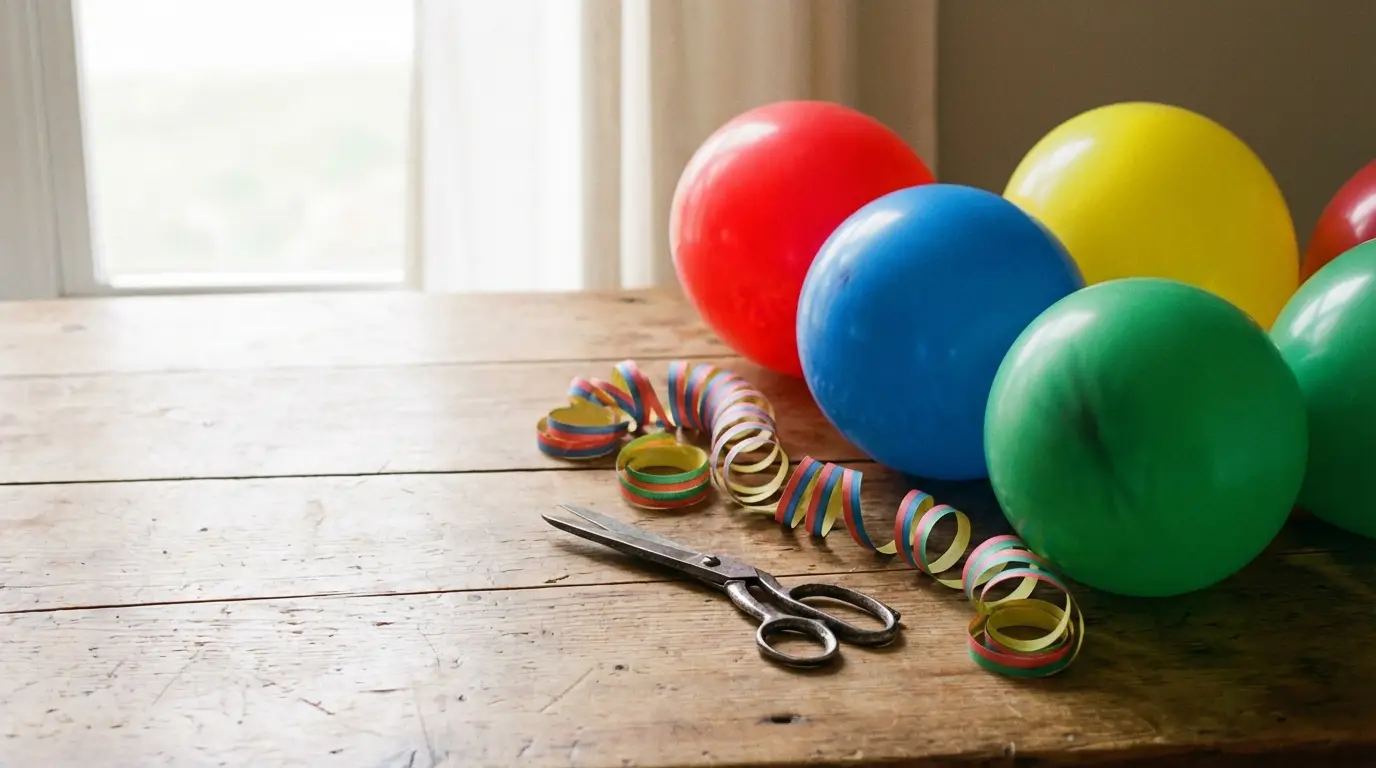 Colorful balloons and streamers with scissors on a wooden table in soft natural light