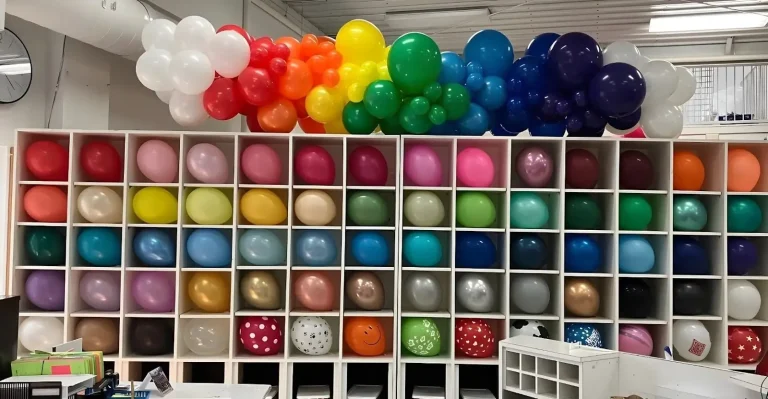 Colorful balloons arranged in organized shelves with additional balloons on top in workshop setting