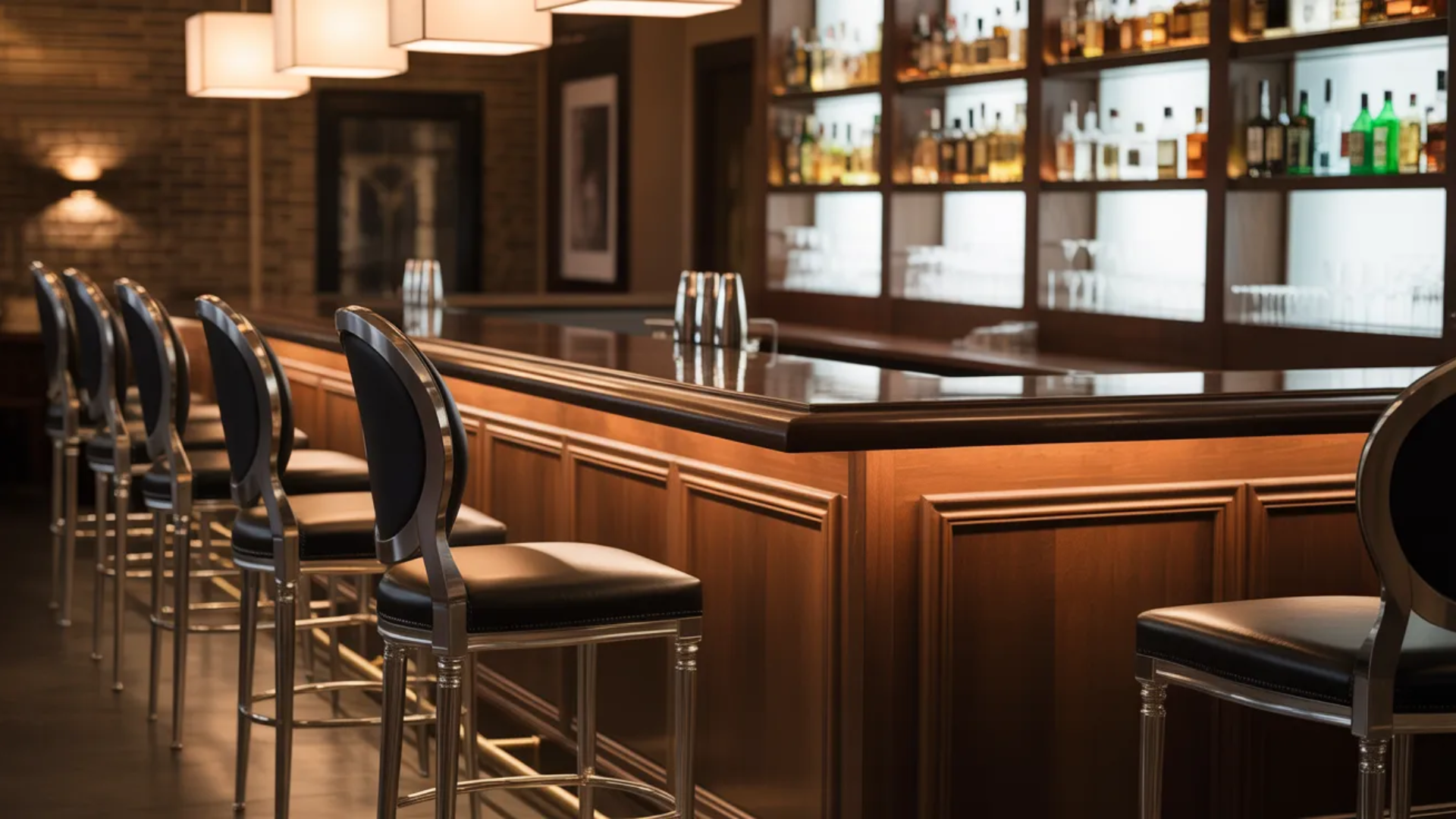 bar height stools lined up at a sleek home bar setup in a contemporary open-plan living space