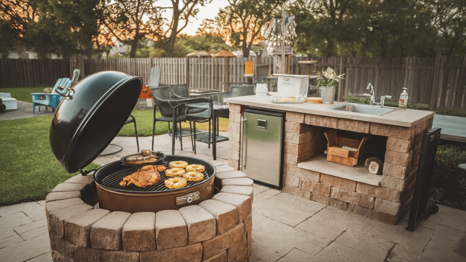 barbecue pit with prep area for grilling and food preparation