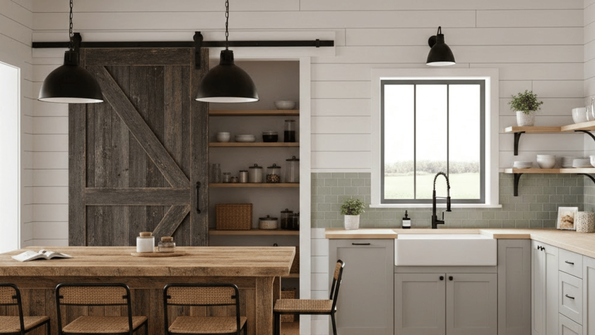 barn door pantry with a large sliding door to conceal the pantry and enhance the barndominium style.