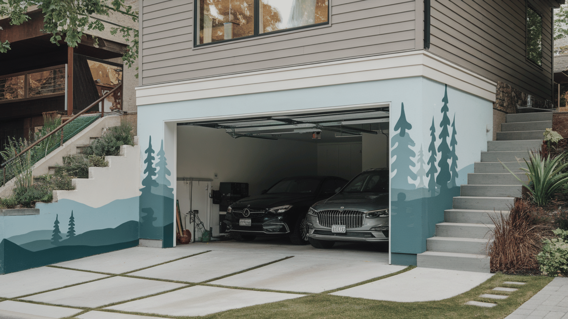 basement garage addition built into a sloped lot, saving yard space