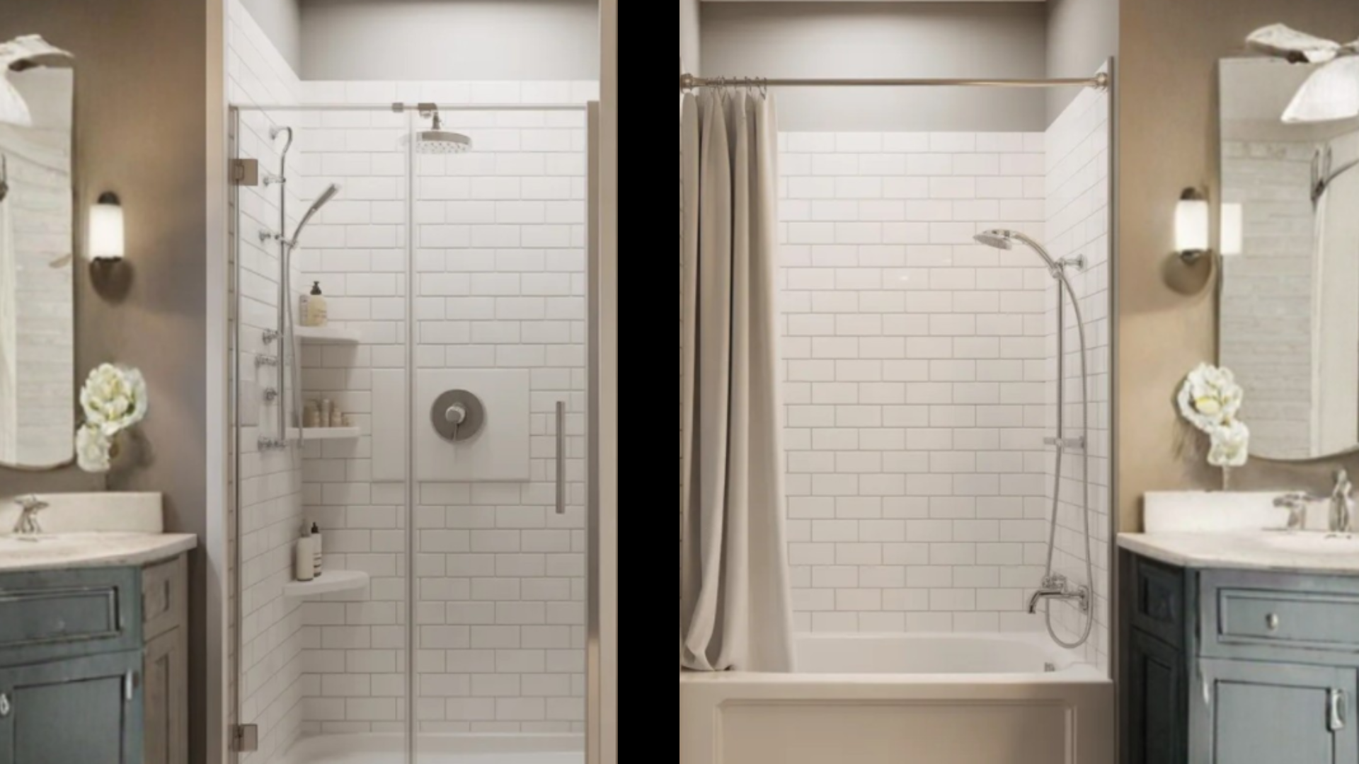 bathroom layout showing side by side shower options with glass enclosed walk in shower on left and bathtub with curtain on right