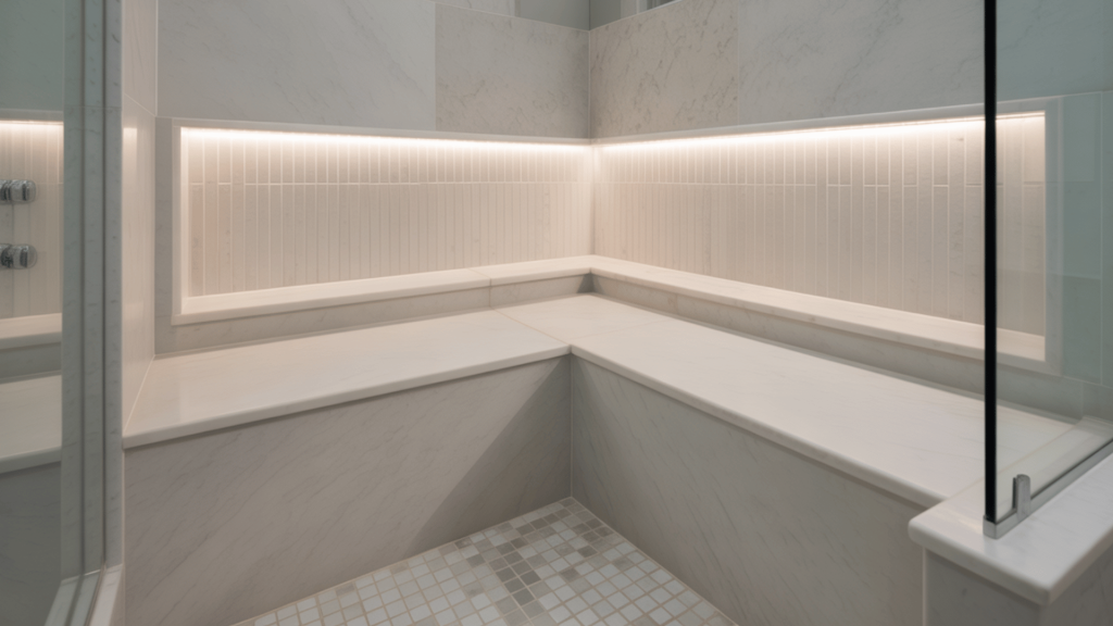 bathroom shower with built-in seating, soft lighting, and minimalist design.