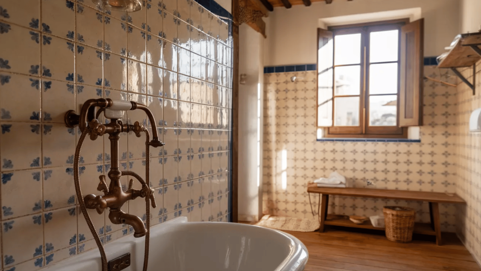 bathroom with copper fixtures, rustic tiles, and a warm atmosphere