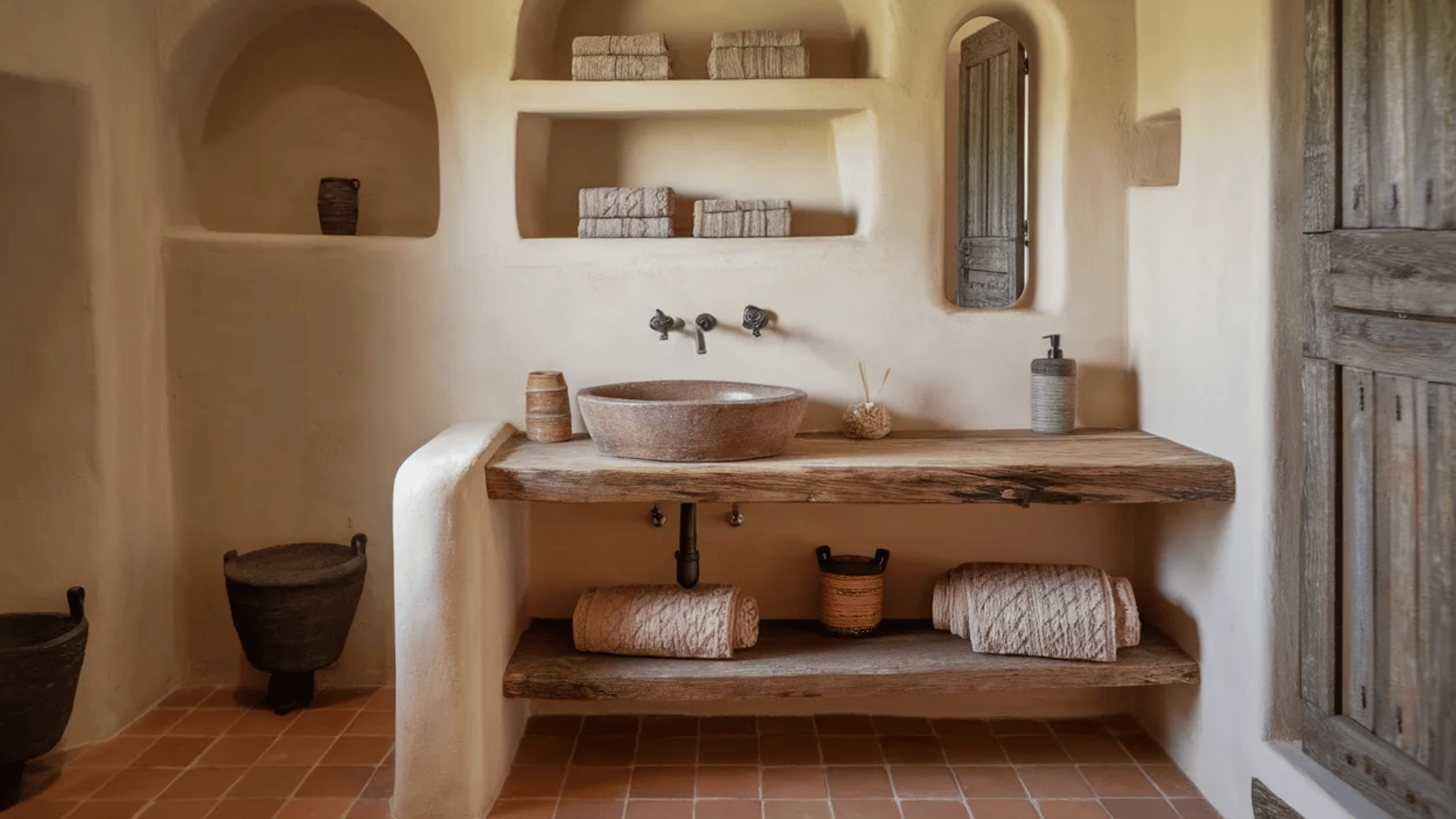 bathroom with terracotta clay floor tiles and rustic wooden vanity
