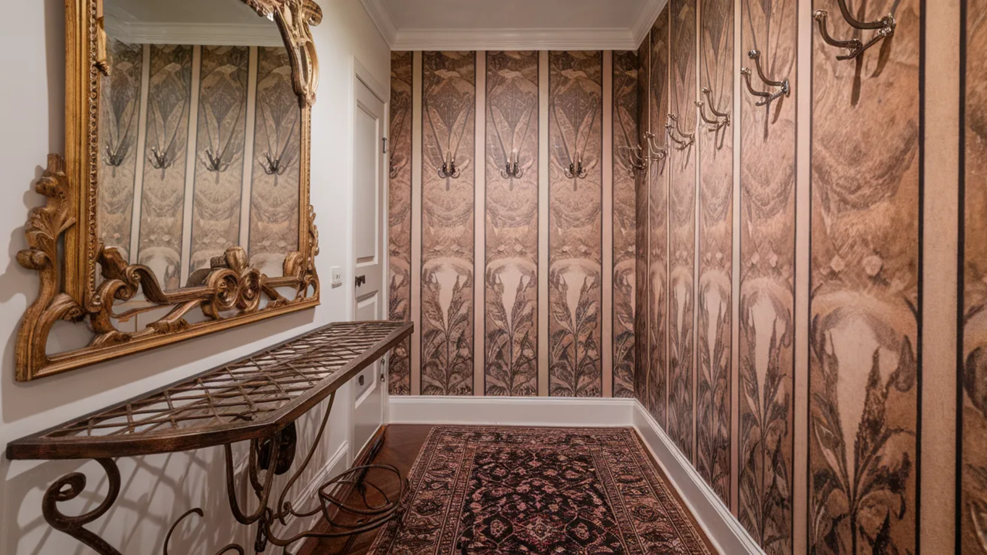 beautifully designed entryway featuring vintage-inspired wallpaper, an ornate mirror, and a unique console table, creating a stylish and welcoming atmosphere