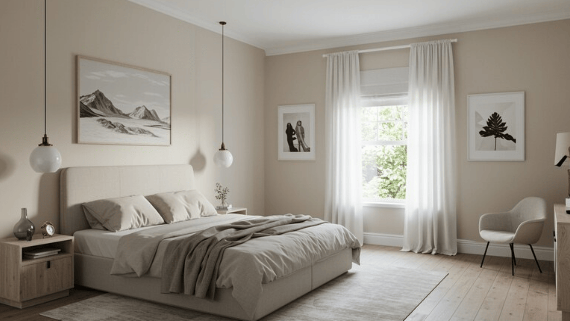 bedroom with ceiling same neutral color as walls, white-cream greige palette, clean cohesive drench, minimal furnishings