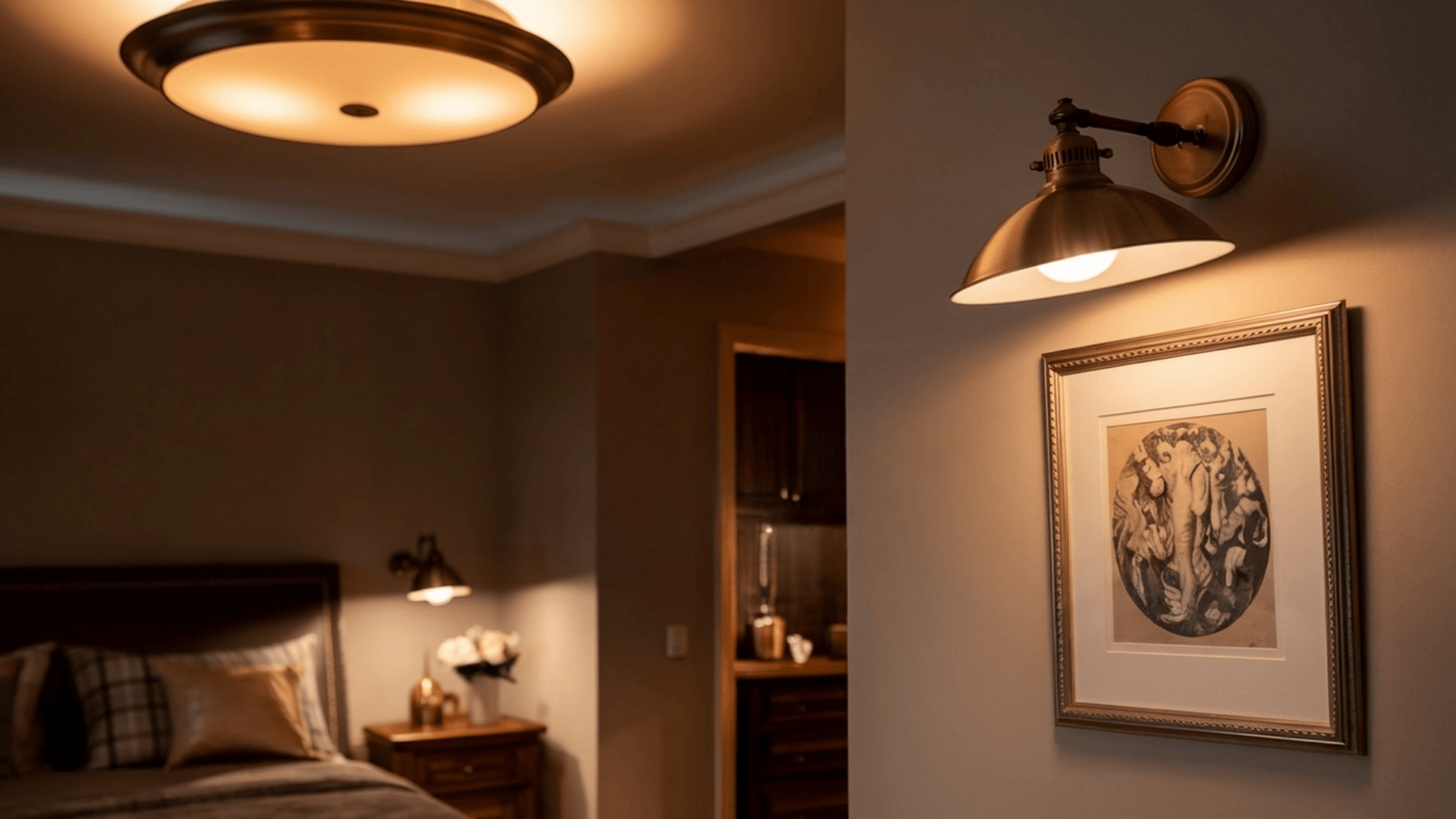 bedroom with layered ambient task and accent lighting in matching brushed brass fixtures for a cohesive warm look