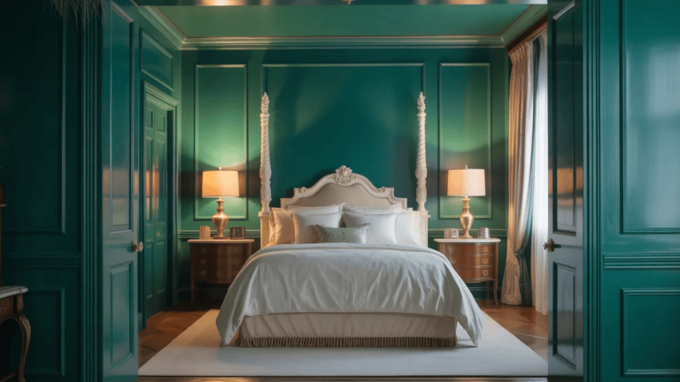 bedroom with painted walls and doors in similar shades