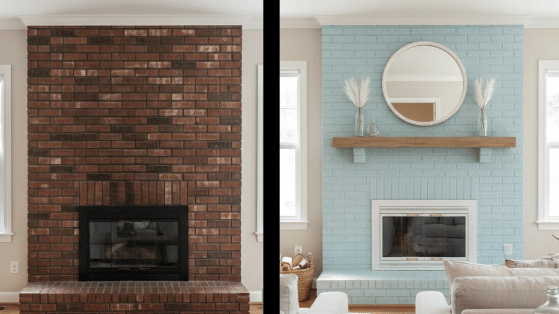 before and after comparison of a dark red brick fireplace updated with light blue paint for a coastal, airy feel.
