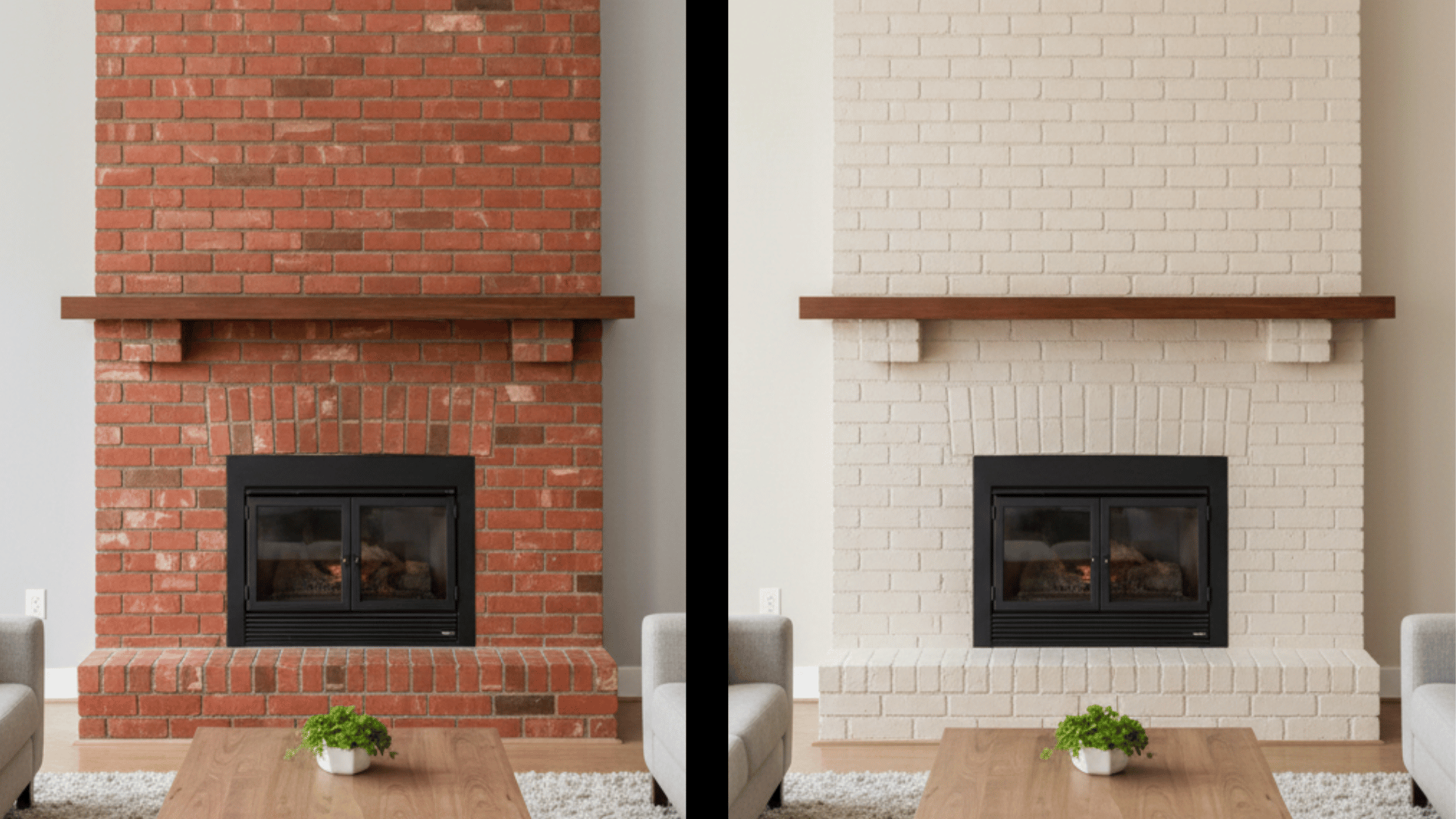 before and after comparison of a red brick fireplace updated with creamy beige paint for a serene, neutral feel.