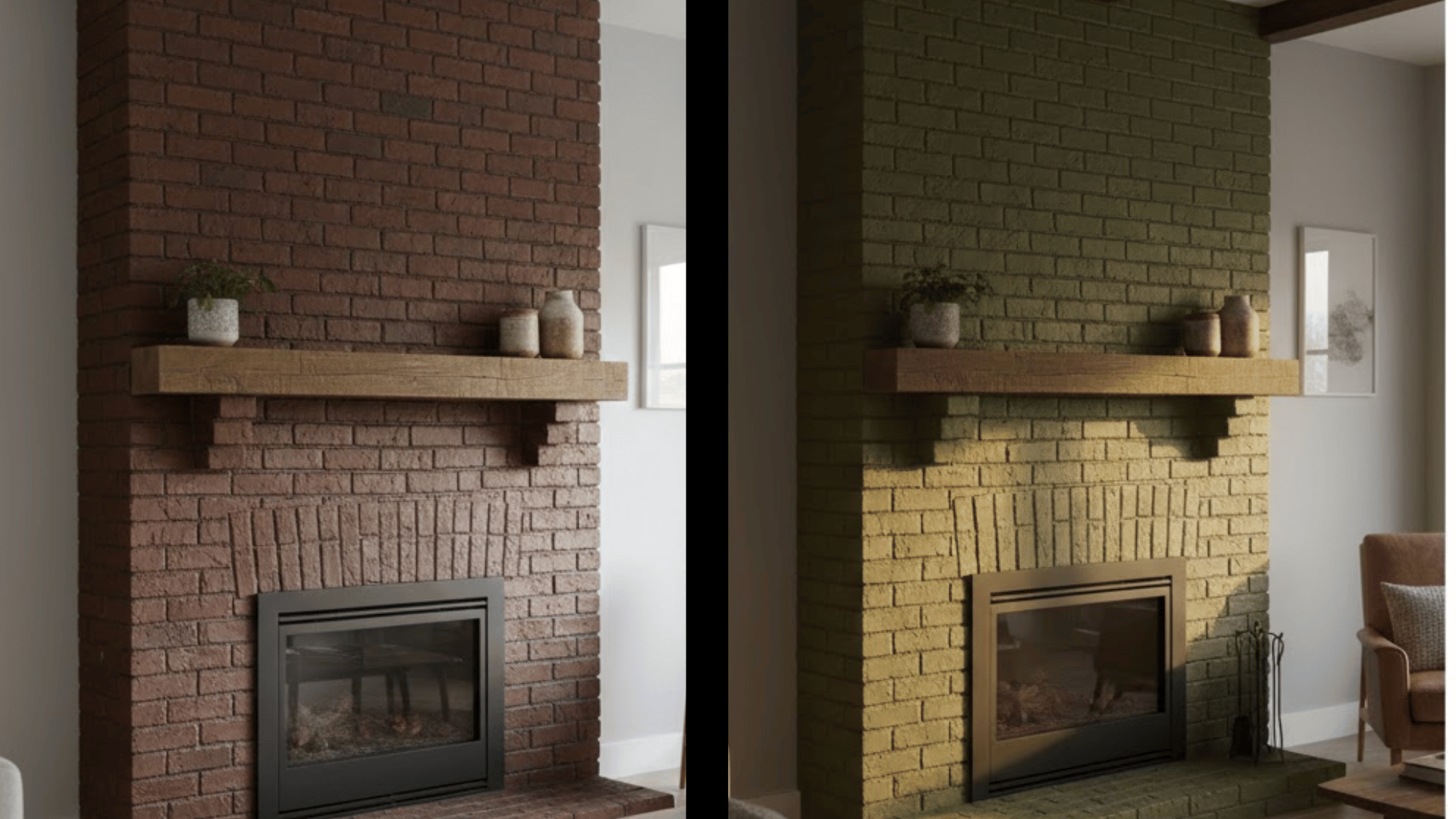 before and after comparison of a red brick fireplace updated with olive green paint for a cozy, earthy look