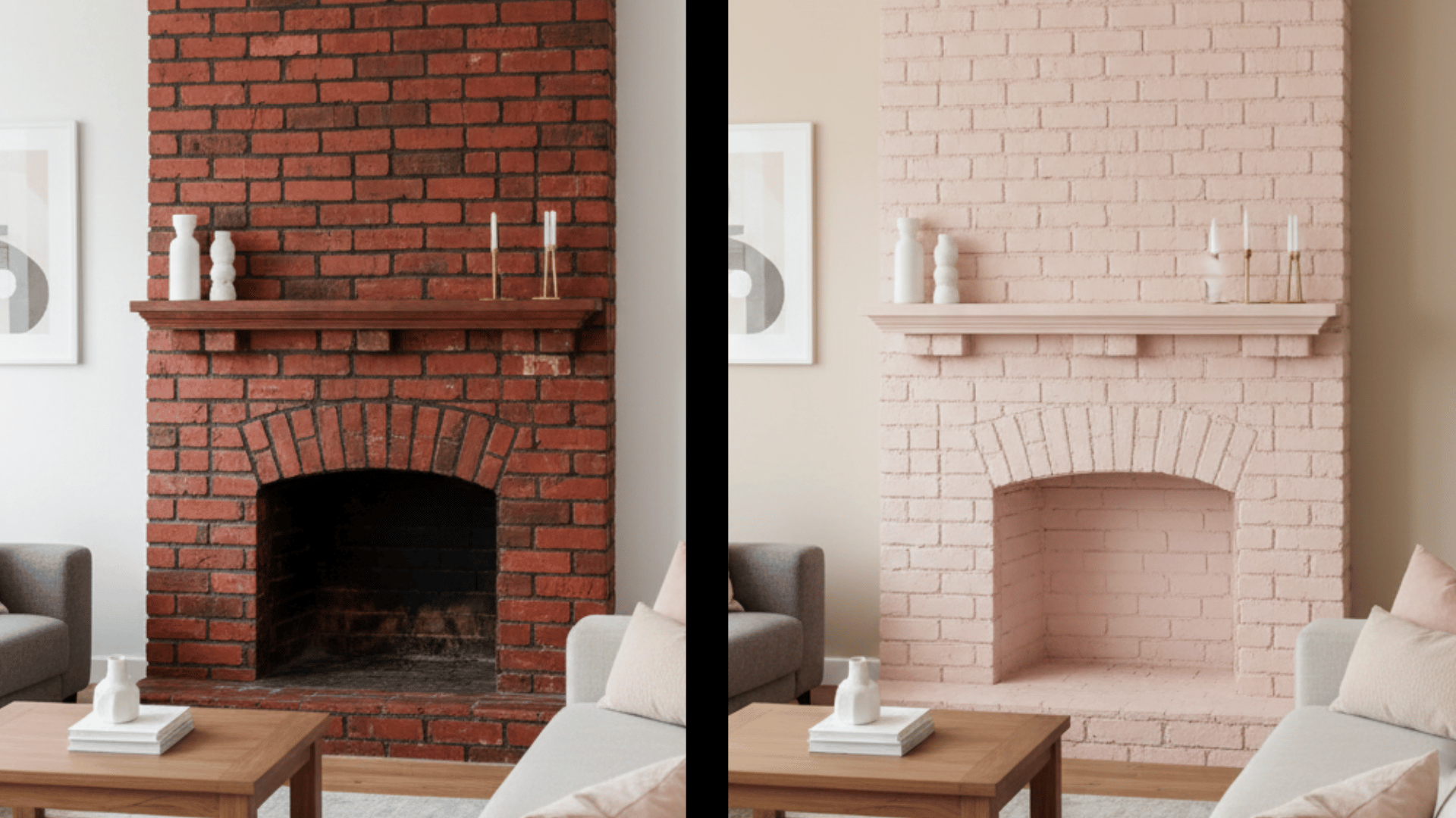 before and after comparison of a tall red brick fireplace updated with soft blush pink paint for a calming feel