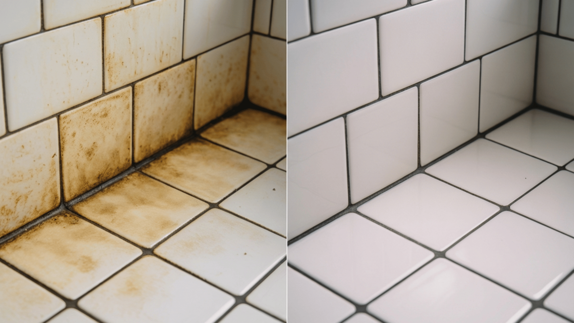 before and after image showing stained grout on the left and clean, fresh grout on the right