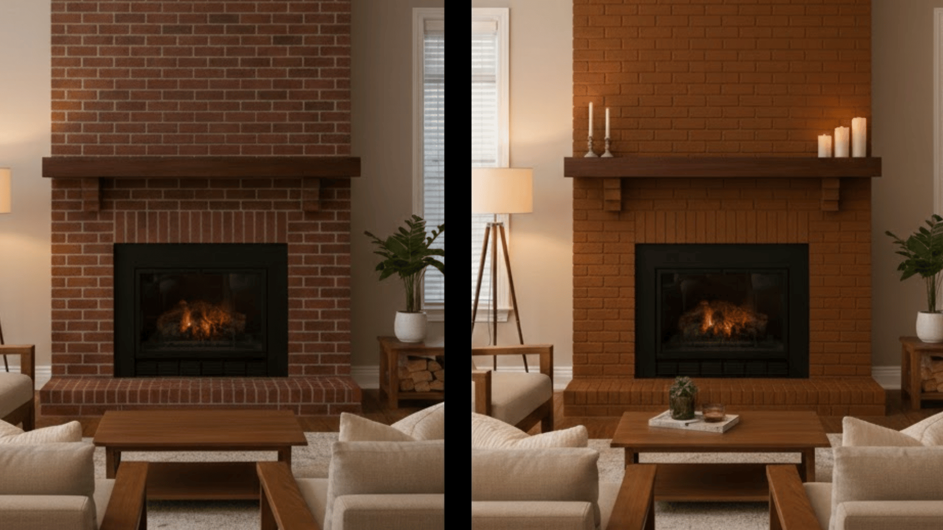 before and after of a brick fireplace updated with cinnamon brown paint no wood logs remain on the hearth.