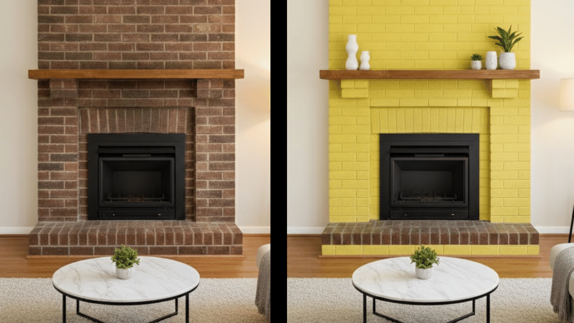 before and after of a dull brick fireplace updated with bright yellow paint