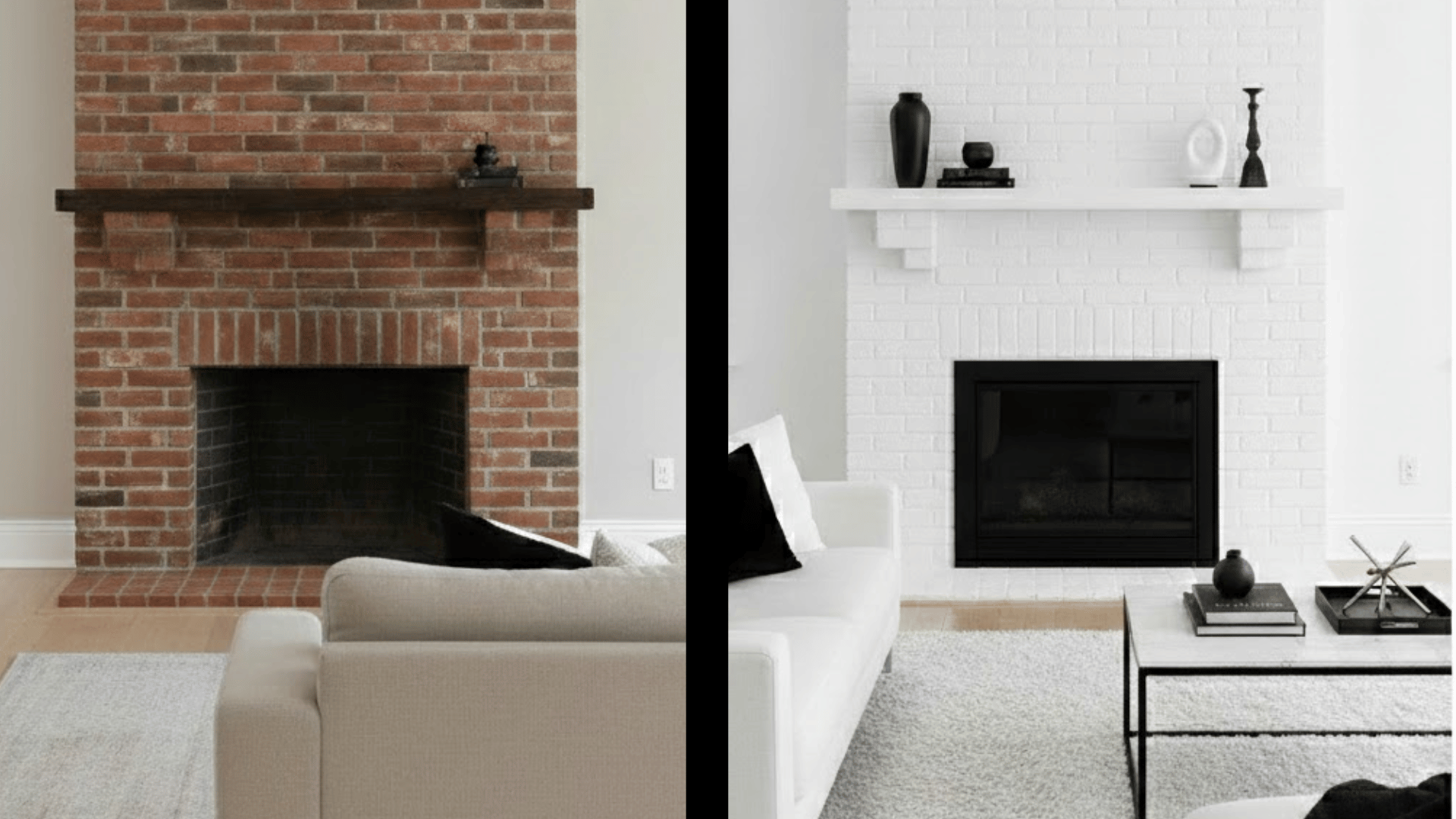 before and after view left shows a red brick fireplace right shows it painted white with black modern accents