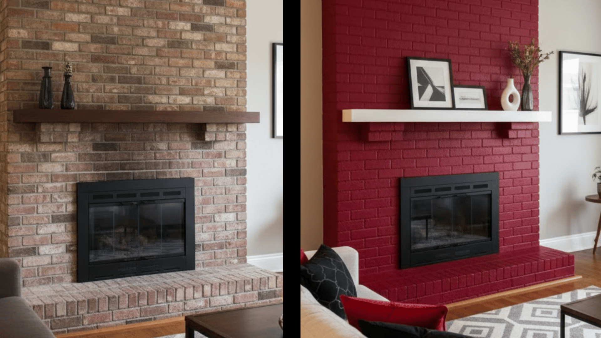before and after view left side has dull tan brick right side is painted bold red with a white mantel shelf