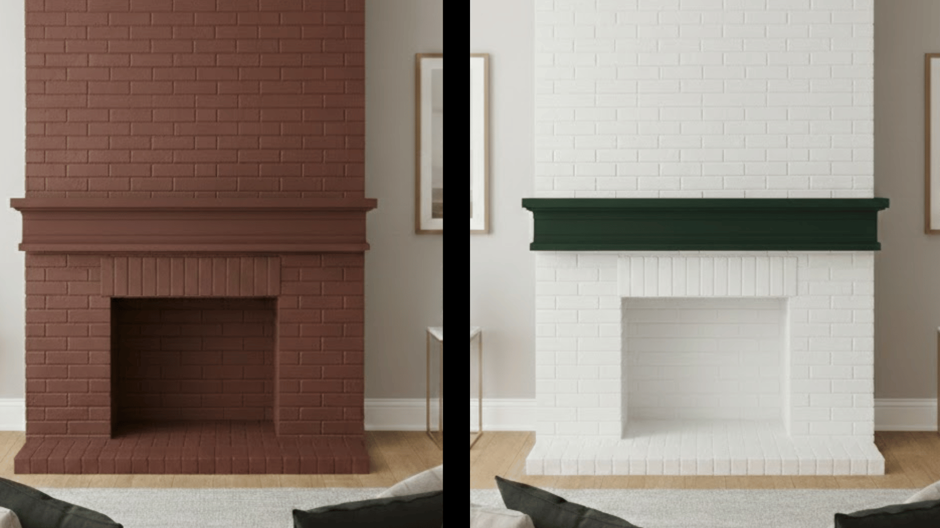 before and after view left side shows a dark brown brick fireplace right side is white with a green mantel shelf